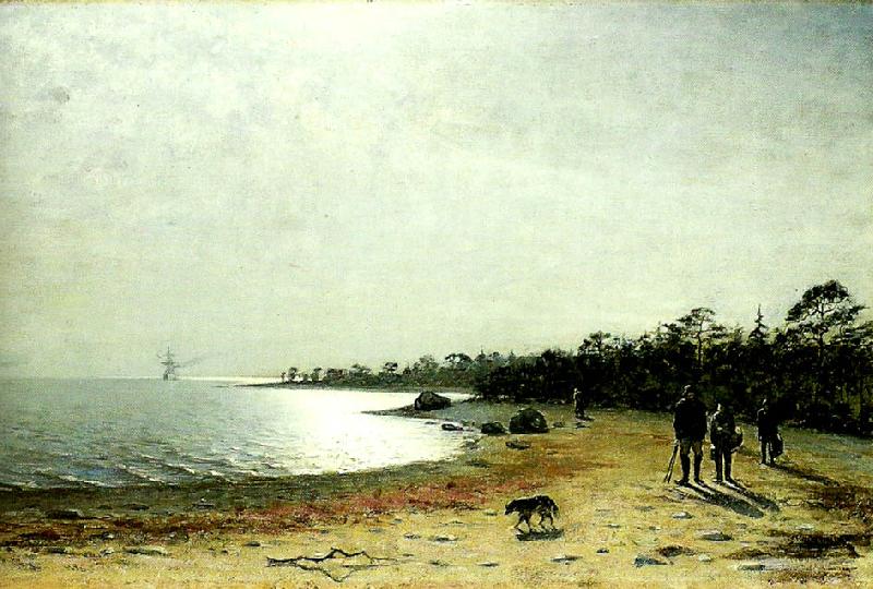 Eugene Jansson kustlandskap med figurer och hund pa sandstrand